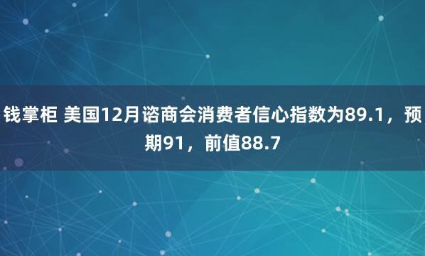 钱掌柜 美国12月谘商会消费者信心指数为89.1，预期91，前值88.7
